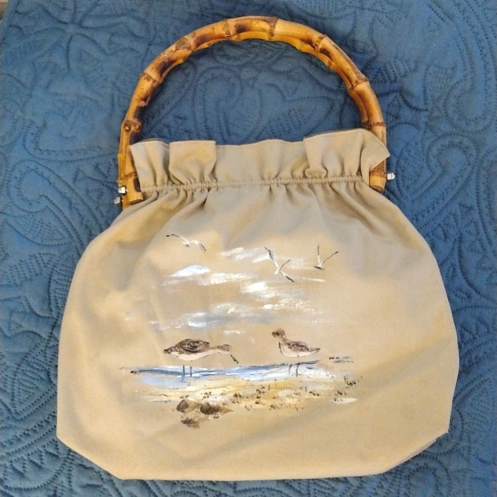Vintage Ocean Scene Hand Painted Fabric Bag w/ Bamboo Handle, Tan & Olive Green